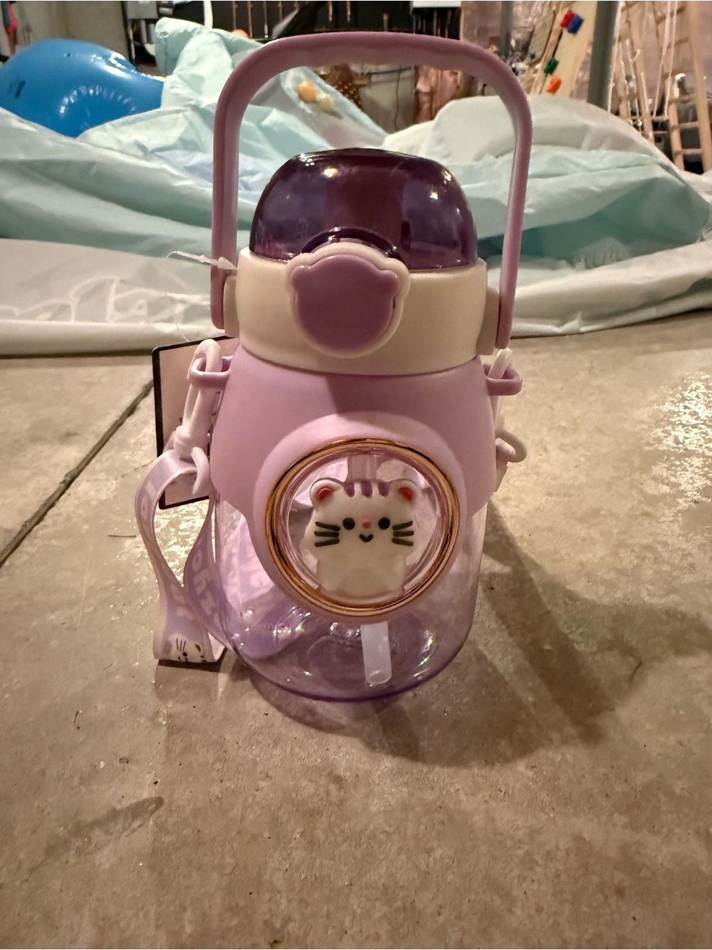 Cute Purple Kitty Kids Water Bottle with Handle